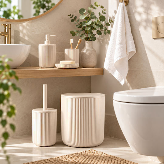 Femmit 5-Piece Bathroom Set Beige Waste Bin 4.5L Toilet Brush Soap Dispenser Toothbrush Holder & Soap Dish