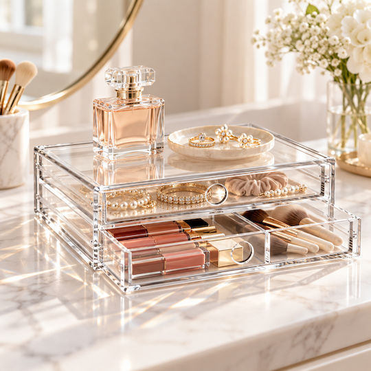 Femmit Transparent 2-Drawer Organizer 22x18x9cm – Organizing Cosmetics, Jewelry, Office Supplies & Small Items