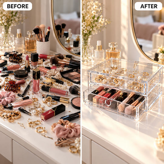 Femmit Transparent 2-Drawer Organizer 22x18x9cm – Organizing Cosmetics, Jewelry, Office Supplies & Small Items