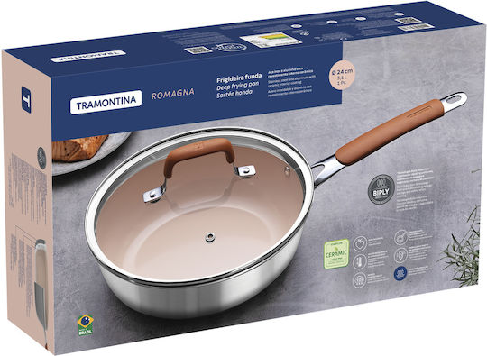 Tramontina Double Stainless Steel Pan with Lid and Ceramic Coating 24 cm