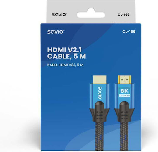 Savio HDMI 2.1 Ultra High Speed 48Gbps 4K 120Hz HDR VRR Cable HDMI Male - HDMI Male 5m Blue