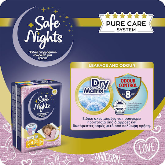 Детско Абсорбиращо Нощно Бельо за Момичета на 3–4 години (12–22 kg) Safe Nights – 16 бр. / Нощни Памперси с Допълнителна Абсорбираща Способност
