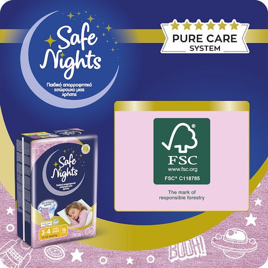 Детско Абсорбиращо Нощно Бельо за Момичета на 3–4 години (12–22 kg) Safe Nights – 16 бр. / Нощни Памперси с Допълнителна Абсорбираща Способност