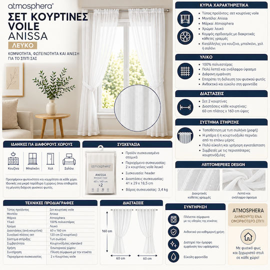 Atmosphera Комплект Anissa с Капси за Прозорец Бял 60x160 см