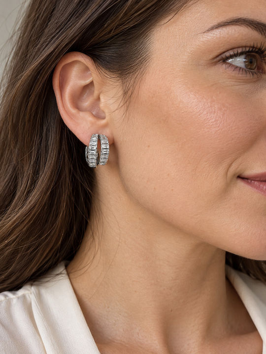 Women's Double Hoop Earrings Steel Baguette Stones – Silver