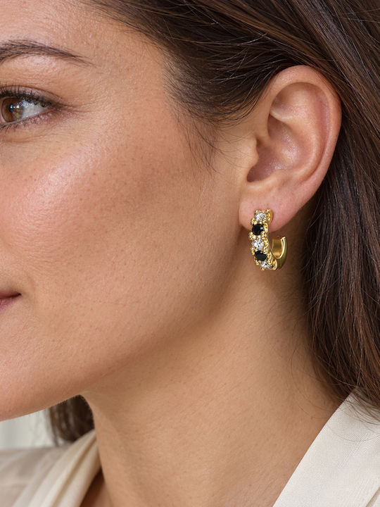 Women's Hoop Earrings Steel Black Clear Stones – Gold