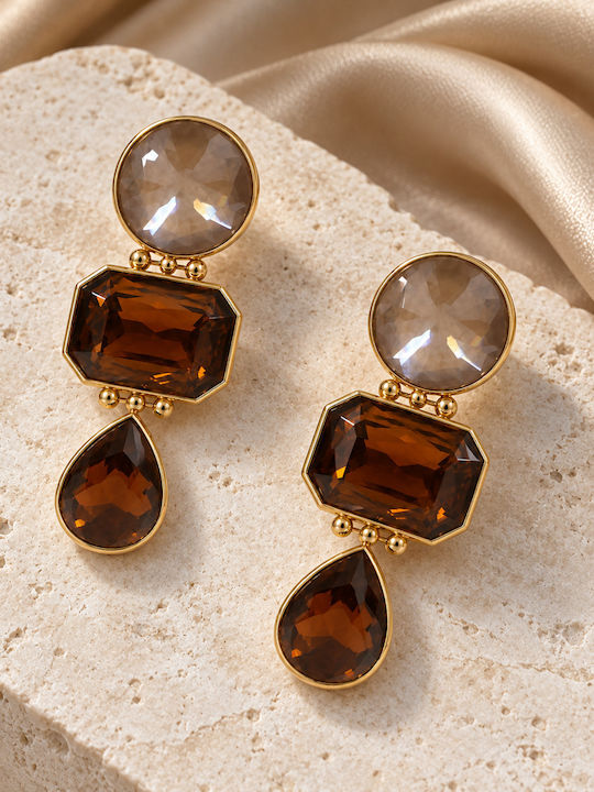 Women's Dangle Earrings Steel Brown Stones Teardrop – Gold Women's Dangle Earrings Steel Brown Stones Teardrop – Gold