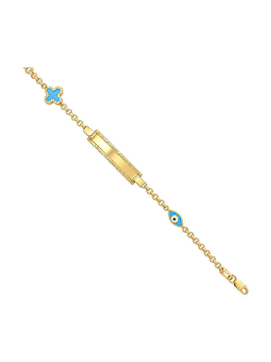 Xryseio Kids Bracelet ID from Gold 14K with Evil Eye & Σταυρό