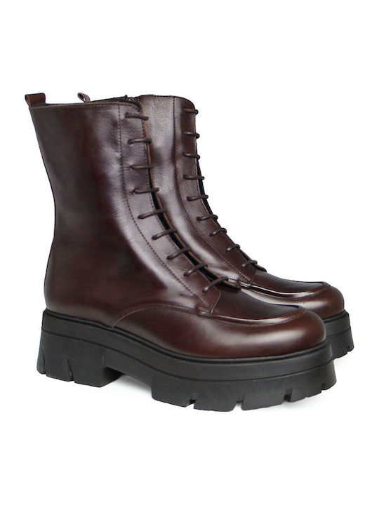 Leather Women's Ankle Boots with Medium Heel Brown