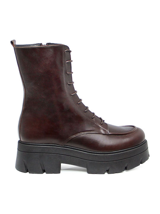 Leather Women's Ankle Boots with Medium Heel Brown