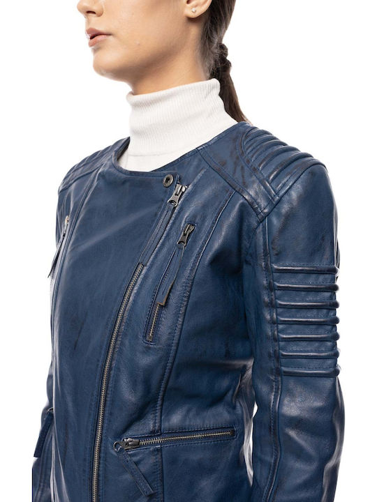 Women's Leather Biker Jacket Blue