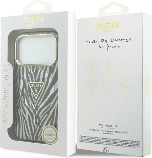 Hülle Für iPhone 18 Pro Max / iPhone 17 Pro Max – Guess Zebra Glitter Mit Dreieck-Logo, MagSafe – Schwarz/Silber