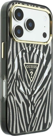 Hülle Für iPhone 18 Pro Max / iPhone 17 Pro Max – Guess Zebra Glitter Mit Dreieck-Logo, MagSafe – Schwarz/Silber