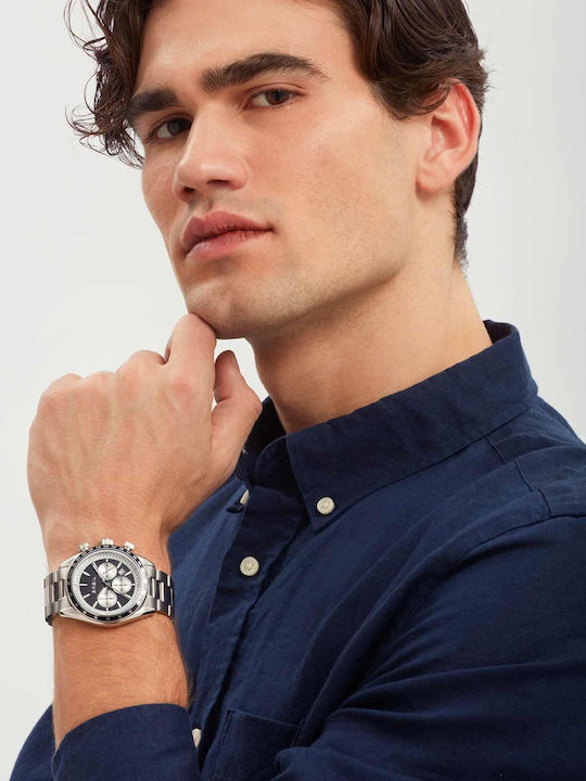 Men's Chronograph Battery-Powered Watch with Silver Stainless Steel Bracelet