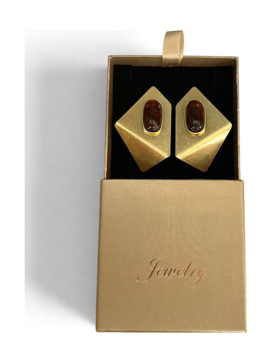 Women's Gold Geometric Earrings Matte Texture Oval Brown Stone Prime Steel Brown Gold Women 7 Cm Ssn311