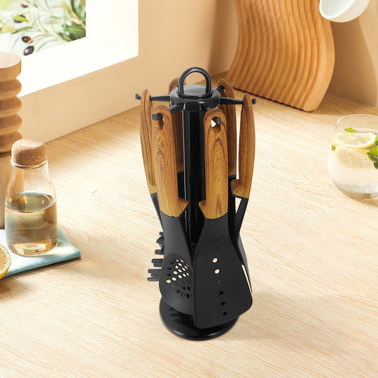 Cheffinger 6-piece Kitchen Utensil Set Wood-look Handles Rotating Stand Black