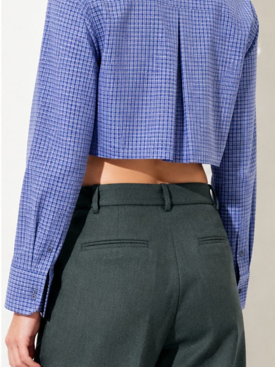 Long Sleeve Women's Blue Checked Denim Shirt