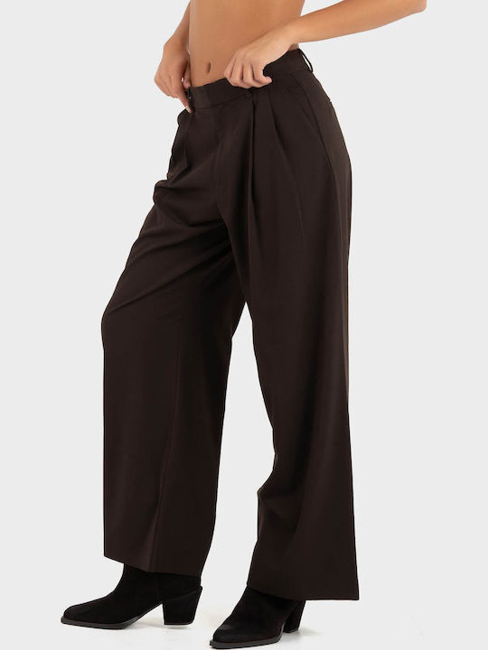 Pantaloni de Trening cu Talie Înaltă și Croială Evazată Dark Brown
