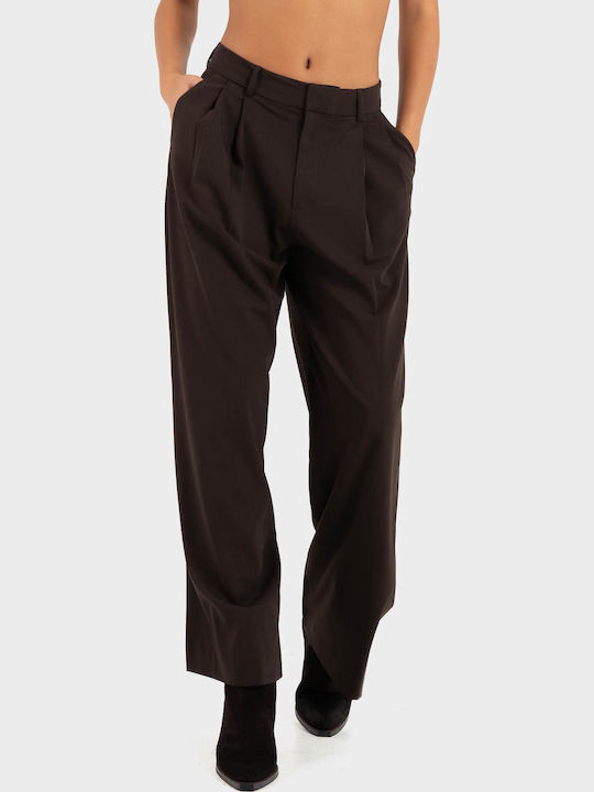 Pantaloni de Trening cu Talie Înaltă și Croială Evazată Dark Brown