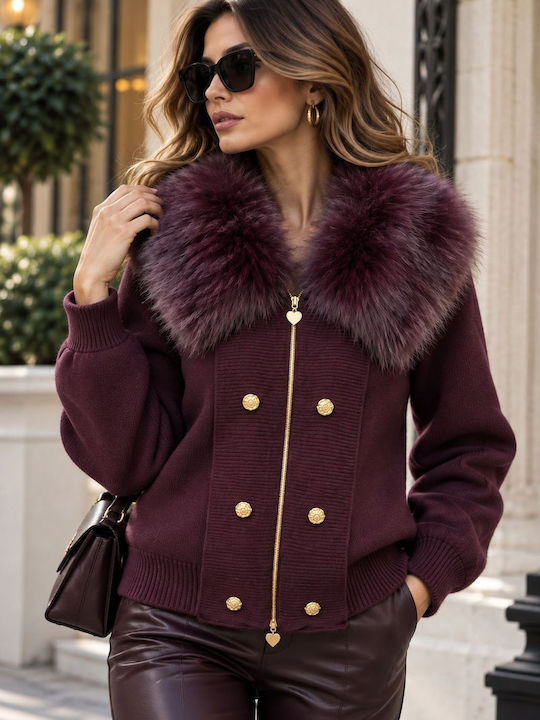 Long Women's Knitted Cardigan with Buttons Burgundy