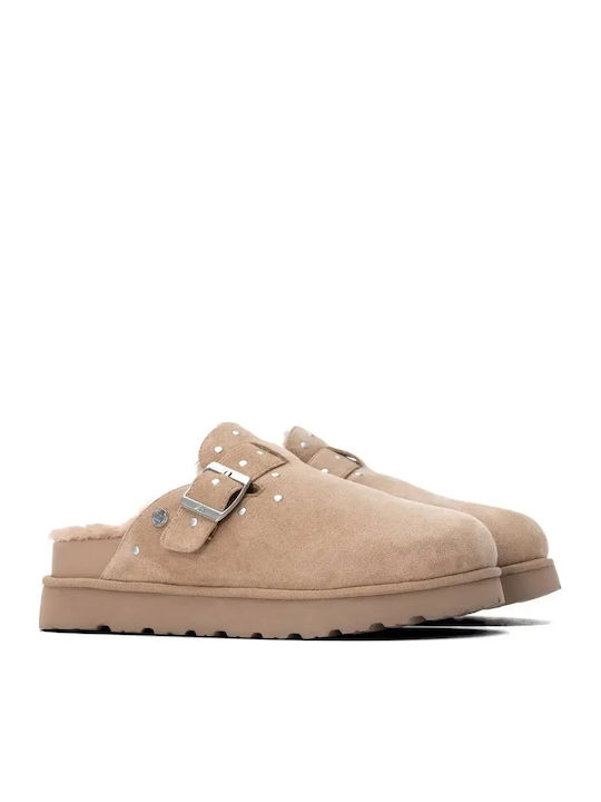 Wildleder-Clogs Damen Hausschuhe Beige