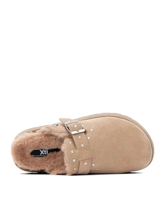 Wildleder-Clogs Damen Hausschuhe Beige
