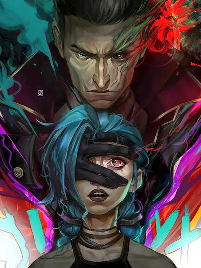 Gaming Poster Jinx & Silco Gm1116 21cm x 30cm Rahmen Dunkles Natürlicher Holz Braun
