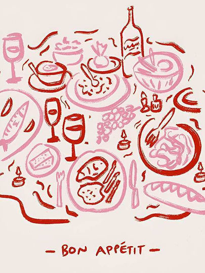 Poster Bon Appetit Pink Red Pst25302 40cm X 50cm Frame Natural Wood Beige