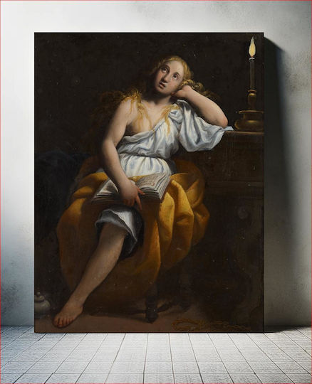 Painting Mary Magdalen Long Wavy Blonde Hair Seated Leaning Her Pl Upper Arm On A Table Heavy Turned Leg Mary Wears A White Gown Exposing Her Pr Breast Arm A Loop Gold Fabric Around Her Lap 100x150 Painting Mary Magdalen Long Wavy Blonde Hair Seated Leaning Her Pl Upper Arm On A Table Heavy Turned Leg Mary Wears A White Gown Exposing Her Pr Breast Arm A Loop Gold Fabric Around Her Lap 100x150