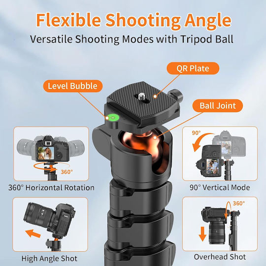 Telescopic Camera Tripod 191 Cm Tall 360° Panoramic Head Bluetooth Usb-c Remote Detachable Legs Monopod Phone Holder Carrying Bag Aluminum 8 Kg Black