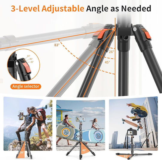 Telescopic Camera Tripod 191 Cm Tall 360° Panoramic Head Bluetooth Usb-c Remote Detachable Legs Monopod Phone Holder Carrying Bag Aluminum 8 Kg Black