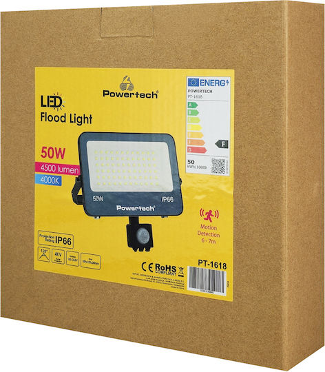 Powertech Στεγανός Προβολέας LED 50W Φυσικό Λευκό 4000K με Αισθητήρα Κίνησης IP66