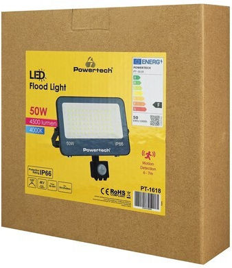Powertech Στεγανός Προβολέας LED 50W Φυσικό Λευκό 4000K με Αισθητήρα Κίνησης IP66