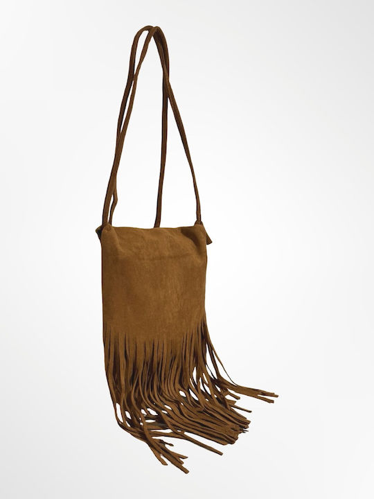 Women's Crossbody Suede Bag with Fringes in Tabac Brown