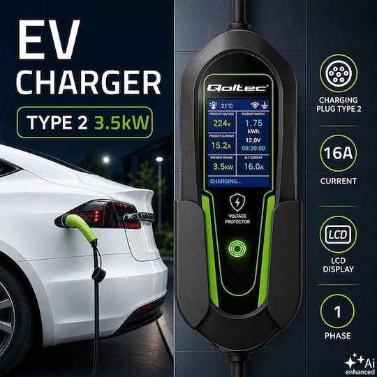 Qoltec Portable Single-Phase 3.5kW Charger with Built-in 3.5m Type 2 Cable