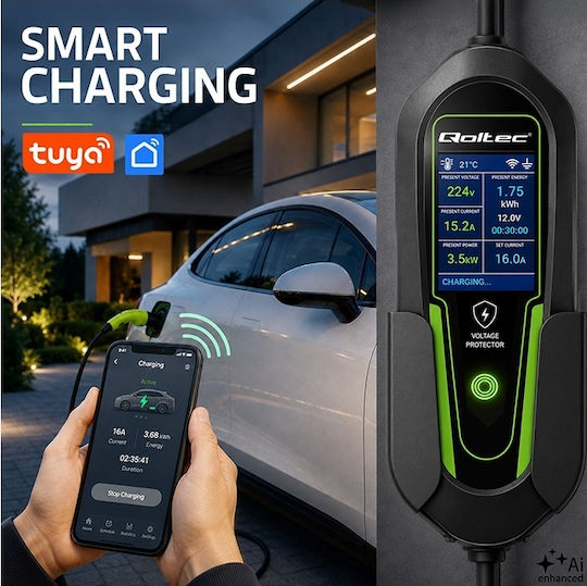 Qoltec Portable Single-Phase 3.5kW Charger with Built-in 3.5m Type 2 Cable