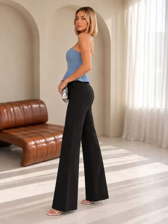 Damen-Stoffhose mit hohem Bund, ausgestelltem Bein und Slim Fit Schwarz