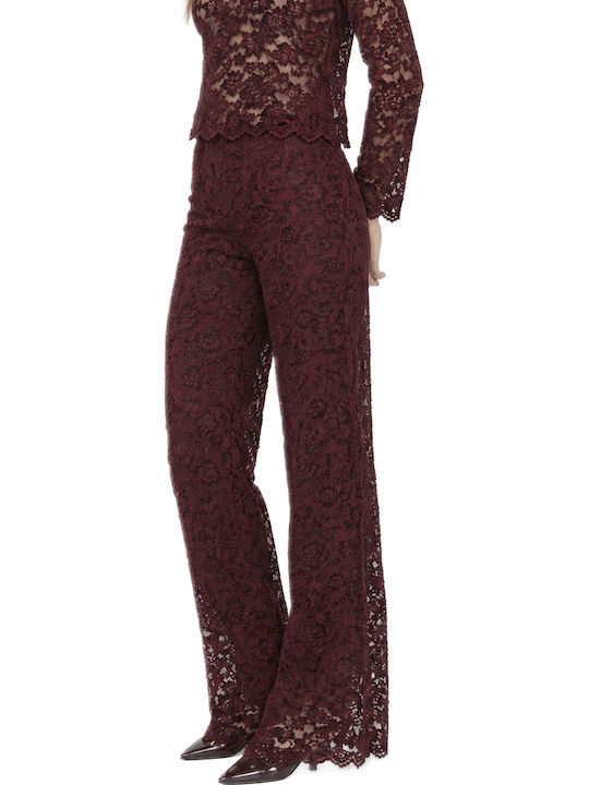 Women's High-Waisted Velvet Wide-Leg Trousers with Elastic Waistband, Loose Fit, Floral, Burgundy