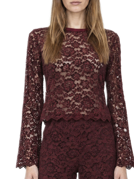 Women's High-Waisted Velvet Wide-Leg Trousers with Elastic Waistband, Loose Fit, Floral, Burgundy