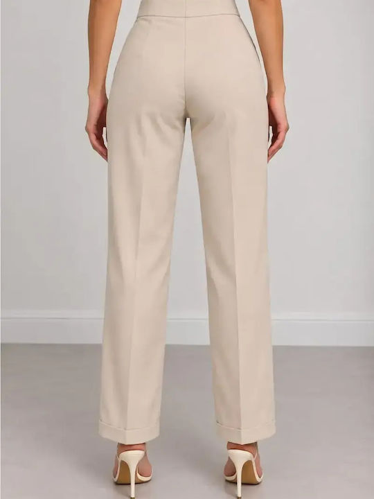 Damen-Stoffhose mit Hohem Bund in Regulärer Passform, Zartbeige