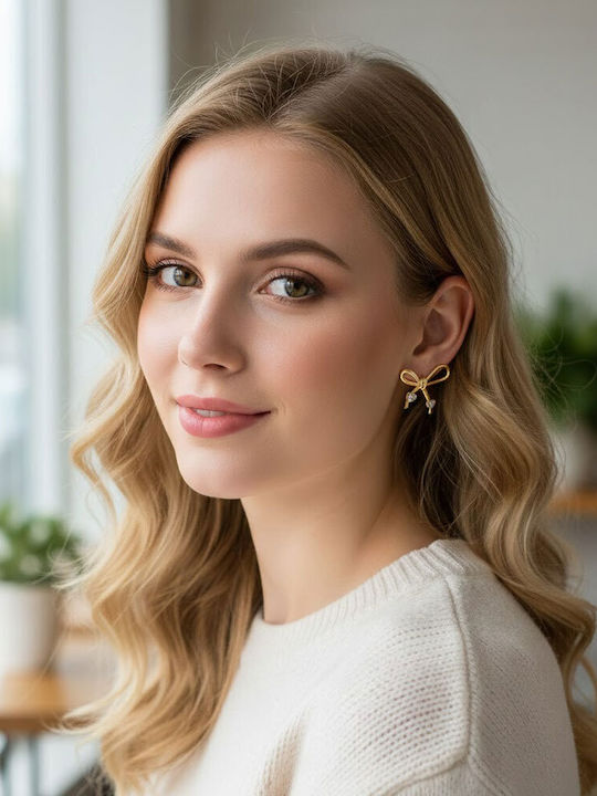 Stainless Steel Bow Earrings with Stones Gold