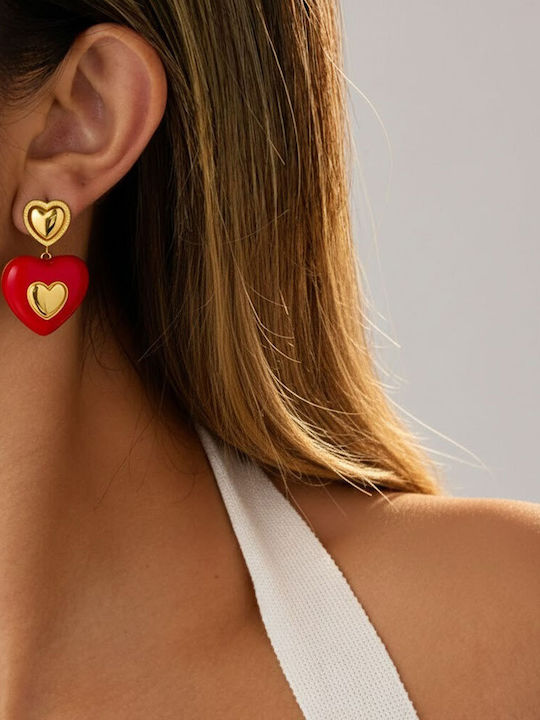 Steel Dangle Heart Earrings Gold Red