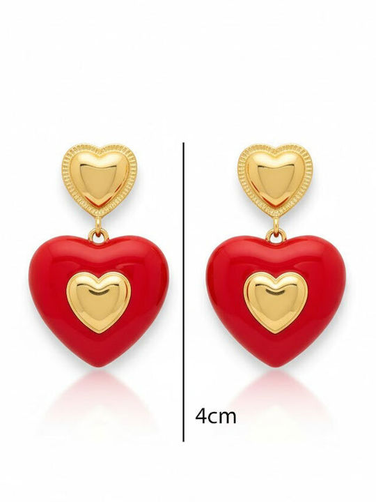 Steel Dangle Heart Earrings Gold Red