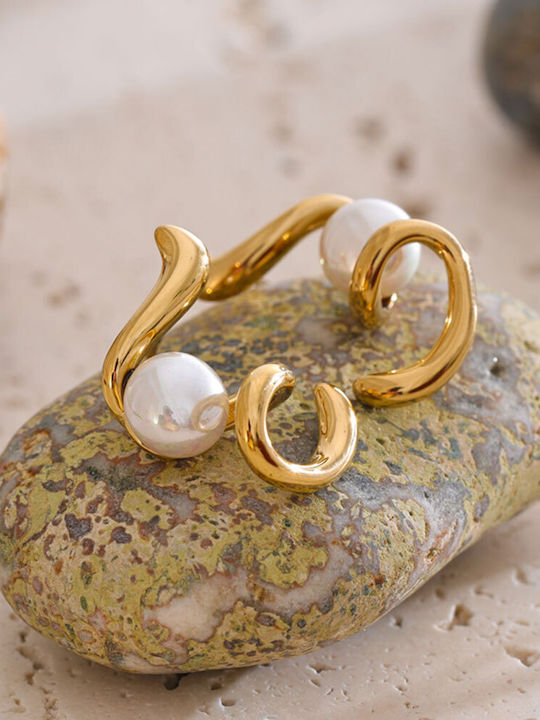 Stainless Steel Earrings Curves & Pearl Gold