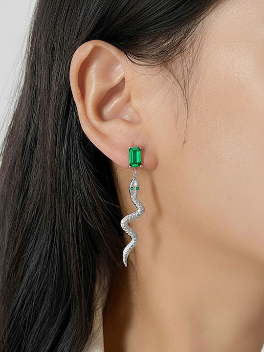 Silver Steel Earrings Snake Green Crystal
