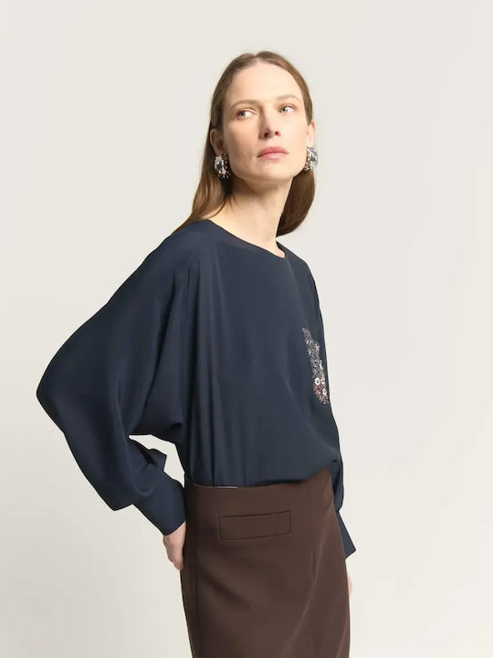 Long Sleeve Women's Silky Shirt Dark Blue
