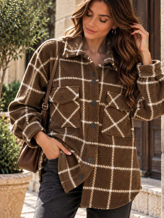 Long Sleeve Women's Brown Checked Denim Shirt