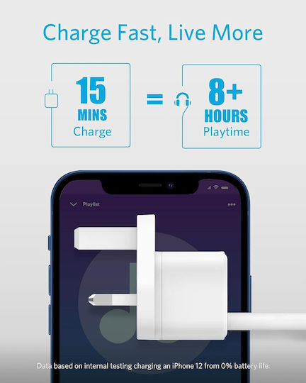 Anker Зарядно устройство с вграден кабел, с USB-A порт и USB-C порт, USB-C 20 W, бяло (Powerport)