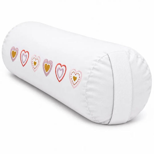 Yoga Bolster Round Yoga Pillow White Hearts Organic Cotton 60x16cm