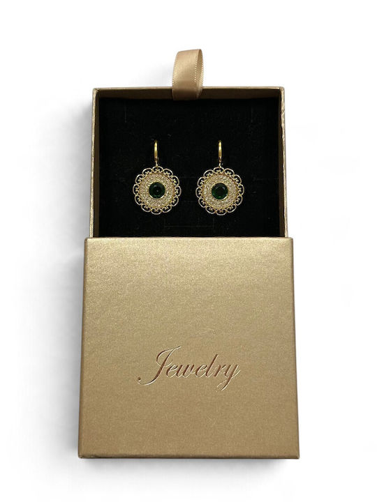 Women's Gold Dangle Earrings with Round Green Center Stone and Lace Detail Prime Steel Gold Green Women One Size Ssn336
